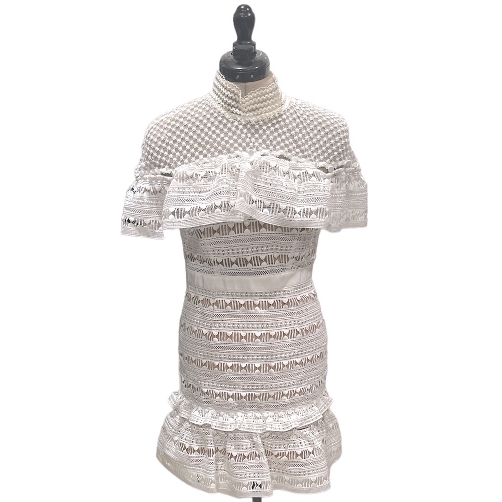 Self-Portrait White Mini Dress Crochet Lace Ruffle Yoke Size US 4 New with Tag